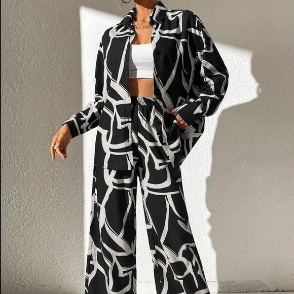 white black shirt & wide leg pant set chic fun - Picture 4 of 6